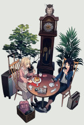 Rule 34 | 2girls, ahoge, aqua eyes, backpack, bag, basket, bell, bird, black footwear, black hair, blonde hair, blue shirt, blush, bobby socks, braid, cake, camisole, cellphone, chair, charm (object), clock, coffee cup, collarbone, commentary, creamer (vessel), crossed ankles, cup, denim, disposable cup, dress, drinking glass, eating, fish charm, food, fork, grandfather clock, grey background, high heels, highres, holding, holding cup, holding fork, holding knife, holding phone, jacket, jeans, knife, lace, lace-trimmed dress, lace trim, long dress, long hair, looking at another, menu, multiple girls, open clothes, open jacket, open mouth, open shirt, original, owl, pants, phone, pink bag, pink jacket, plant, plate, pleated dress, potted plant, rolling suitcase, round table, saucer, setamo map, shirt, shoes, sidelocks, simple background, single braid, smartphone, smartphone case, sneakers, socks, sponge cake, spoon, suitcase, table, tissue, undershirt, white camisole, white dress, white legwear