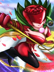 Rule 34 | cape, covered eyes, digimon, digimon (creature), flower, highres, mask, nyokimon, petals, rosemon