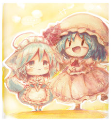 Rule 34 | 2girls, apron, ascot, blue footwear, blue hair, blue skirt, brown footwear, closed mouth, commentary request, frilled apron, frilled skirt, frilled sleeves, frills, full body, hair between eyes, hat, izayoi sakuya, kouba, looking at another, maid, maid headdress, medium hair, mob cap, multiple girls, open mouth, pink shirt, pink skirt, puffy short sleeves, puffy sleeves, red ascot, remilia scarlet, shirt, short sleeves, simple background, skirt, solid oval eyes, standing, standing on one leg, touhou, v arms, waist apron, white shirt, yellow background