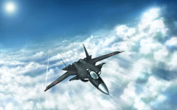 Rule 34 | aircraft, airplane, antennae, canards, cloud, contrail, fighter jet, flying, jet, lens flare, military, military vehicle, mura666, no humans, realistic, russian text, su-47, su-47 berkut, sun, vehicle focus, wallpaper