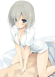 Rule 34 | 10s, 1boy, 1girl, blue eyes, blush, breasts, cleavage, eyes visible through hair, girl on top, hair ornament, hair over one eye, hairclip, hamakaze (kancolle), kantai collection, naked shirt, shirt, short hair, silver hair, sitting, sitting on person, solo focus, straddling, zekkyon