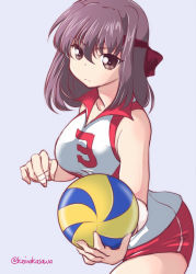 Rule 34 | 10s, 1girl, ball, brown eyes, brown hair, closed mouth, commentary, cowboy shot, elbow pads, girls und panzer, grey background, headband, holding, holding ball, kondou taeko, light frown, looking at viewer, nakasawa kei, playing sports, red headband, red shirt, red shorts, shirt, short hair, short shorts, shorts, single vertical stripe, sleeveless, sleeveless shirt, solo, sportswear, standing, twitter username, v-shaped eyebrows, volleyball, volleyball (object), volleyball uniform