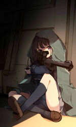 Rule 34 | 1girl, aged down, black hair, crossed legs, gun, highres, holding, holding weapon, inoue takina, looking at viewer, lycoris recoil, purple eyes, shadow, solo, sui hope, thighhighs, thighs, weapon, zettai ryouiki