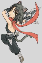 Rule 34 | 1girl, animal ear fluff, animal ears, arms up, backless outfit, black hair, black pants, brown footwear, cat ears, cat girl, cat tail, closed mouth, commentary request, full body, fuuma shuriken, grey background, holding, holding weapon, ike (altitude attitude), kurona (neko musume michikusa nikki), looking at viewer, neko musume michikusa nikki, ninja, pants, parted bangs, red scarf, scarf, shoe soles, shuriken, simple background, socks, solo, tail, weapon, white socks, yellow eyes