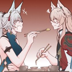 1boy 1girl anger_vein animal_ear_fluff animal_ears chinese_clothes chopsticks closed_eyes couple eating feixiao_(honkai:_star_rail) fox_boy fox_ears fox_girl from_side hetero highres holding holding_chopsticks honkai_(series) jiaoqiu_(honkai:_star_rail) kosame_0229 open_mouth pink_hair ponytail table white_hair