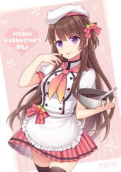 Rule 34 | 1girl, :p, apron, beret, black thighhighs, bow, bowl, breasts, brown hair, character request, chocolate, chocolate on hand, closed mouth, commentary request, food-themed hair ornament, food on hand, frilled apron, frills, hair bow, hair ornament, hand up, happy valentine, hat, heart, hitsuki rei, holding, holding bowl, long hair, medium breasts, pleated skirt, puffy short sleeves, puffy sleeves, shirt, short sleeves, skirt, smile, snowdreams -lost in winter-, solo, strawberry hair ornament, striped bow, striped clothes, striped skirt, thighhighs, tongue, tongue out, two side up, vertical-striped clothes, vertical-striped skirt, very long hair, waist apron, whisk, white apron, white hat, white shirt