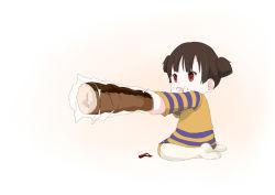 Rule 34 | 1girl, aged down, aiming, barefoot, bread, brown hair, child, covering own mouth, eating, food, food on face, full body, gradient background, hand over own mouth, holding, holding food, k-on!, komugiko, long sleeves, looking away, outstretched arm, outstretched arms, plastic wrap, red eyes, short hair, short twintails, sitting, soles, solo, striped, suzuki jun, sweater, tareme, twintails, wariza, wood