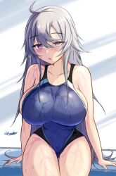Rule 34 | :o, absurdres, ahoge, blue one-piece swimsuit, collarbone, competition swimsuit, dated, grey background, grey eyes, grey hair, hair between eyes, highleg, highleg swimsuit, highres, impossible clothes, impossible swimsuit, kantai collection, long hair, looking at viewer, montemasa, one-piece swimsuit, sitting, swimsuit, twitter username, two-tone swimsuit, washington (kancolle), wet, wet clothes, wet swimsuit
