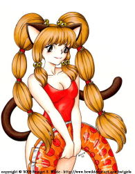 Rule 34 | 00s, 1girl, 2003, animal ears, bell, bewildered, breasts, brown eyes, brown hair, cat ears, cat girl, cat tail, cleavage, collarbone, hair bell, hair ornament, holding, innertube, jingle bell, long hair, looking at viewer, medium breasts, one-piece swimsuit, red one-piece swimsuit, simple background, smile, solo, swim ring, swimsuit, tail, thighhighs, white background