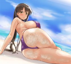 Rule 34 | 1girl, arm support, armpits, ass, bare arms, bare legs, bare shoulders, beach, bikini, black hair, blue sky, blush, breasts, brown eyes, collarbone, colored eyelashes, commentary request, cowboy shot, day, from behind, hair between eyes, iwato kasumi, large breasts, lips, long hair, looking at viewer, lying, momoiro tunozemi, ocean, on side, outdoors, purple bikini, saki (manga), sand, shore, skindentation, sky, solo, sweatdrop, swimsuit, thighs, twisted torso, very long hair