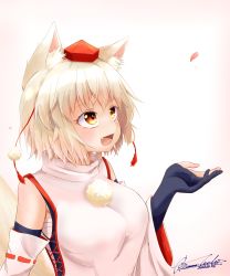 Rule 34 | 1girl, absurdres, animal ear fluff, animal ears, bare shoulders, blush, breasts, bridal gauntlets, commentary request, dated, detached sleeves, fang, hat, highres, inubashiri momiji, large breasts, looking to the side, open mouth, otomen maru-no-uchi, petals, pom pom (clothes), red eyes, ribbon-trimmed sleeves, ribbon trim, shirt, short hair, signature, silver hair, simple background, sleeveless, sleeveless shirt, solo, tail, tokin hat, touhou, turtleneck, white background, white shirt, wolf ears, wolf tail