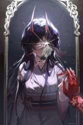 Rule 34 | 1girl, absurdres, acheron (honkai: star rail), artist name, azuria03, black choker, blood, blood on face, blood on mirror, broken mirror, choker, different reflection, flower, hair over one eye, hand on mirror, highres, honkai: star rail, honkai (series), horns, japanese clothes, looking at mirror, mirror, obi, official alternate color, official alternate costume, purple hair, red flower, red horns, reflection, sash, solo, upper body