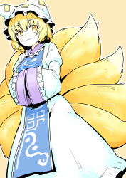 Rule 34 | 1girl, :3, absurdres, animal hat, blonde hair, collar, commentary request, dress, eyebrows, fox tail, frilled collar, frilled hat, frilled shirt collar, frilled sleeves, frills, hands in opposite sleeves, hat, highres, long sleeves, looking at viewer, mob cap, multiple tails, oninamako, perfect cherry blossom, puffy sleeves, short hair, simple background, sketch, solo, tabard, tail, tan background, touhou, wide sleeves, yakumo ran, yellow eyes