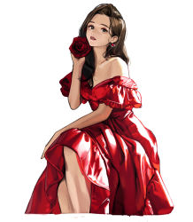 Rule 34 | 1girl, bare arms, brown eyes, brown hair, dress, earrings, feet out of frame, flower, hand up, jewelry, long hair, looking at viewer, off shoulder, original, parted lips, red dress, red flower, rinotuna, simple background, sitting, solo, white background