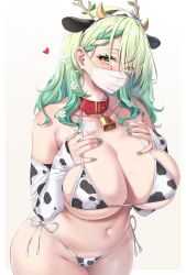 Rule 34 | 1girl, animal ears, animal print, antlers, bell, belly, bikini, blush, breasts, ceres fauna, collar, collarbone, cow ears, cow horns, cow print, cow print bikini, cowbell, curvy, fake animal ears, fake horns, flower, green hair, green nails, groin, hair flower, hair ornament, hairband, heart, highres, hololive, hololive english, horns, huge breasts, long hair, looking at viewer, mask, moisture (chichi), mole, mole under eye, mouth mask, nail polish, neck bell, nipples, plump, print bikini, print sleeves, red collar, solo, surgical mask, sweat, swimsuit, virtual youtuber, wavy hair, yellow eyes