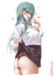 Rule 34 | 1girl, aqua hair, artist name, ass, blush, breasts, butt crack, choker, clothes lift, collared shirt, cropped legs, dress shirt, ebifurya, foreshortening, from behind, from side, hair between eyes, hair ornament, hairclip, heart, highres, kantai collection, large breasts, lifting own clothes, long hair, looking at viewer, miniskirt, nail polish, one-hour drawing challenge, open mouth, panties, partially unbuttoned, pink nails, pink panties, pleated skirt, print panties, see-through silhouette, shirt, sidelocks, simple background, skirt, skirt lift, solo, suzuya (kancolle), teeth, thick thighs, thighs, thong, twisted torso, twitter username, underwear, upper teeth only, white background, white shirt
