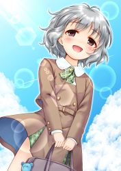 Rule 34 | 1girl, :d, bag, bag charm, blue sky, blush, brown dress, brown eyes, brown jacket, charm (object), cloud, collared shirt, commentary request, day, dress, green neckwear, grey hair, highres, holding, holding bag, idolmaster, idolmaster cinderella girls, jacket, lens flare, looking at viewer, mole, mole under eye, narumiya yume, open mouth, outdoors, partial commentary, plaid neckwear, regular mow, revision, school bag, school uniform, shirt, sky, smile, solo, stuffed animal, stuffed toy, teddy bear, white shirt