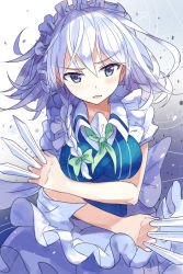 Rule 34 | 1girl, apron, blue dress, blue eyes, breasts, dress, gradient background, izayoi sakuya, knife, looking at viewer, maid, maid apron, maid headdress, messy hair, puffy short sleeves, puffy sleeves, short hair, short sleeves, siji (szh5522), silver hair, solo, touhou, waist apron, weapon