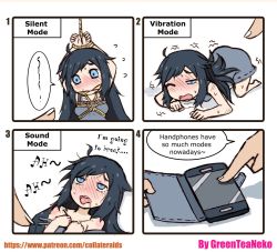 Rule 34 | 1girl, 1other, 4koma, ahegao, all fours, artist name, bdsm, black hair, blue eyes, blush, bondage, bound, cellphone, comic, crying, drooling, embarrassed, english text, engrish text, flying sweatdrops, fucked silly, greenteaneko, highres, long hair, mind break, musical note, one eye closed, open mouth, original, personification, phone, quaver, ranguage, restrained, rope, saliva, shadow, shaking, shibari, shibari over clothes, sidelocks, smartphone, solo focus, speech bubble, square 4koma, sweat, tears, torogao, trembling, watermark, web address