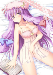 Rule 34 | 1girl, aomi, aomi riru, blush, book, bottomless, bow, breasts, crescent, crescent moon, female focus, hair bow, hat, lingerie, long hair, lying, medium breasts, moon, negligee, no panties, patchouli knowledge, purple eyes, purple hair, solo, touhou, uncensored, underwear, underwear only, very long hair