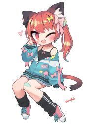 Rule 34 | 1girl, :3, animal ears, artist name, bandaid, bandaid on knee, bandaid on leg, bare shoulders, black bow, black camisole, black socks, blue jacket, blush, bow, breasts, camisole, cat ears, cat girl, cat tail, commentary request, fang, full body, grey skirt, hair bobbles, hair bow, hair ornament, heart, highres, invisible chair, jacket, long hair, long sleeves, looking at viewer, loose socks, miniskirt, multiple hair bows, nanatsuta, one eye closed, open mouth, original, pink bow, pink footwear, pleated skirt, puffy long sleeves, puffy sleeves, red eyes, red hair, shoelaces, shoes, signature, sitting, skirt, sleeves past fingers, sleeves past wrists, small breasts, sneakers, socks, solo, star (symbol), tail, twintails, v, yellow bow