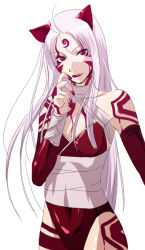 1girl alternate_color assassin_(ragnarok_online) bandages_over_clothes bodypaint border breasts closed_mouth commentary_request cowboy_shot elbow_gloves expressionless fingerless_gloves gloves kataasa-ko leotard long_hair medium_breasts mr.romance ragnarok_online red_eyes red_gloves red_leotard solo white_hair