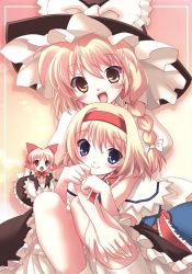 Rule 34 | 2girls, :d, alice margatroid, apron, blonde hair, blue eyes, blush, bow, braid, capelet, couple, doll, artistic error, hair bow, hairband, hat, hat bow, hug, kirisame marisa, looking at viewer, lumine (2339), multiple girls, open mouth, red eyes, shanghai doll, short hair, side braid, simple background, sitting, smile, touhou, witch hat, yellow eyes, yuri