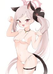 Rule 34 | 1girl, absurdres, animal ears, bell, bikini, blue archive, blush, breasts, cameltoe, cat ears, cat tail, commentary request, grey hair, hair ornament, hair scrunchie, halo, highres, hukhuk2, long hair, looking at viewer, mutsuki (blue archive), neck bell, open mouth, parted bangs, paw pose, red eyes, scrunchie, side-tie bikini bottom, side ponytail, swimsuit, tail, thigh strap, very long hair, white background