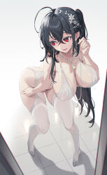Rule 34 | 1girl, absurdres, ahoge, ass, azur lane, bankongping, bead necklace, beads, black hair, breasts, crossed bangs, earrings, facing viewer, flower, garter belt, hair between eyes, hair flower, hair ornament, hand up, highres, jewelry, large breasts, leaning forward, long hair, looking back, looking down, necklace, no pants, one side up, parted lips, red eyes, solo, standing, taihou (azur lane), taihou (temptation on the sea breeze) (azur lane), thighhighs, thighs, tile floor, tiles, very long hair, white flower, white garter belt, white thighhighs
