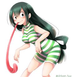 Rule 34 | 10s, 1girl, :&gt;, asui tsuyu, black eyes, blush, boku no hero academia, breasts, chikuwa savy, cowboy shot, frog girl, green eyes, green hair, hair rings, impossible clothes, impossible swimsuit, leaning forward, long hair, long tongue, looking at viewer, low-tied long hair, medium breasts, solo, standing, striped, swimsuit, tongue, tongue out, twitter username, very long hair