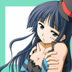 Rule 34 | 00s, 1girl, akiyama mio, breasts, cleavage, don&#039;t say &quot;lazy&quot;, elbow gloves, facepaint, fingerless gloves, gloves, hat, k-on!, long hair, mini hat, mini top hat, ranshin, solo, striped, top hat