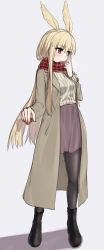 Rule 34 | 1girl, beige coat, black footwear, blonde hair, blush, boots, breasts, brown skirt, coat, contemporary, elfenlied22, fate/grand order, fate (series), full body, grey pantyhose, head wings, highres, large breasts, long hair, long sleeves, looking to the side, open clothes, open coat, pantyhose, red eyes, red scarf, ribbed sweater, scarf, simple background, skirt, solo, sweater, thrud (fate), valkyrie (fate), very long hair, white background, white sweater, wings