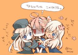 Rule 34 | 0 0, 2girls, blonde hair, blue eyes, blue sailor collar, cropped jacket, dual persona, flower, garrison cap, girl sandwich, hair flower, hair ornament, hat, hug, i-58 (kancolle), kantai collection, long hair, long sleeves, military, military uniform, multiple girls, neckerchief, orange background, pink hair, puffy long sleeves, puffy sleeves, red eyes, ro-500 (kancolle), sailor collar, sandwiched, school swimsuit, school uniform, serafuku, short hair, simple background, swimsuit, swimsuit under clothes, time paradox, translation request, u-511 (kancolle), uniform, upper body, wishbone
