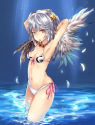 Rule 34 | 1girl, adjusting hair, alternate eye color, angel wings, arm behind head, armpits, arms up, asymmetrical wings, backlighting, bikini, bow, bowtie, breasts, brooch, cleavage, collarbone, cowboy shot, demon wings, eyebrows, feathered wings, feathers, front-tie bikini top, front-tie top, gem, glowing feather, gradient wings, grey wings, hair between eyes, hair ornament, hair tie, hand in own hair, highleg, highleg bikini, highres, houdukixx, jewelry, kishin sagume, light particles, light rays, looking at viewer, moonlight, mouth hold, multicolored wings, navel, orange eyes, partially submerged, pink wings, red bow, short hair, side-tie bikini bottom, silver hair, small breasts, solo, standing, star (symbol), star hair ornament, stomach, strap gap, string bikini, swimsuit, thighs, touhou, tying hair, wading, water, wet, white bikini, white wings, wings