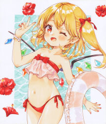 Rule 34 | 1girl, ;d, alternate costume, bare shoulders, blonde hair, blush, bow, bracelet, cowboy shot, crystal, flandre scarlet, flat chest, flower, hand up, happy, hat, unworn hat, unworn headwear, hibiscus, jewelry, looking at viewer, medium hair, mimi (mimi puru), navel, one eye closed, one side up, open mouth, red bow, red eyes, red flower, smile, solo, touhou, wings