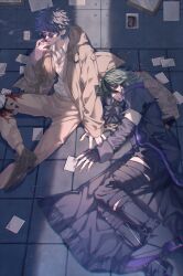 Rule 34 | 2boys, absurdres, bandaged leg, bandages, black hair, blue eyes, blue hair, chest tattoo, cigarette, closed mouth, coat, collared shirt, eyeliner, from above, full body, glasses, green hair, hair between eyes, highres, holding, holding cigarette, indoors, long sleeves, looking at viewer, lying, makeup, male focus, master detective archives: rain code, multicolored hair, multiple boys, on floor, on side, open mouth, pants, photo (object), purple eyeliner, purple eyes, round eyewear, shirt, short hair, sitting, smile, smoke, smoking, sofuto, streaked hair, tattoo, tinted eyewear, vivia twilight, white shirt, yakou furio, yellow coat, yellow pants