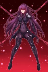 Rule 34 | 1girl, armor, bodysuit, breasts, covered navel, dual wielding, fate/grand order, fate (series), full body, gae bolg (fate), highres, holding, holding weapon, large breasts, long hair, pauldrons, polearm, purple bodysuit, purple hair, red eyes, scathach (fate), scathach (fate), shoulder armor, solo, tnk (p freaks), very long hair, weapon