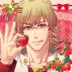 Rule 34 | 10s, 1boy, :q, barnaby brooks jr., blonde hair, food, fruit, glasses, green eyes, jacket, lunarclinic, male focus, red jacket, solo, strawberry, tiger &amp; bunny, tongue, tongue out