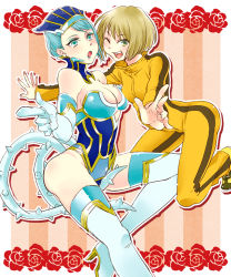 Rule 34 | 10s, 2girls, bare shoulders, blonde hair, blue eyes, blue hair, blue rose (tiger &amp; bunny), boots, breasts, bruce lee&#039;s jumpsuit, cleavage, earrings, elbow gloves, gloves, green eyes, hat, high heels, huang baoling, jewelry, karina lyle, large breasts, lipstick, makeup, multiple girls, one eye closed, pointing, shoes, short hair, sneakers, superhero costume, thigh boots, thighhighs, tiger &amp; bunny, tmsk, wink