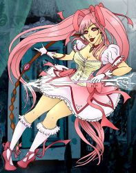 Rule 34 | absurdres, aged up, alternate hairstyle, arrow (projectile), bow (weapon), breasts, gloves, highres, kaname madoka, lipstick, long hair, magical girl, mahou shoujo madoka magica, mahou shoujo madoka magica (anime), makeup, solo, weapon, white gloves, witch&#039;s labyrinth