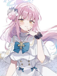 Rule 34 | 1girl, angel wings, black scrunchie, blue archive, blush, capelet, dress, feathered wings, flower, hair bun, hair flower, hair ornament, halo, highres, long hair, looking at viewer, mika (blue archive), open mouth, pink hair, pink halo, purple flower, scrunchie, simple background, single side bun, smile, solo, sorani (kaeru0768), white background, white capelet, white dress, white wings, wings, wrist scrunchie, yellow eyes