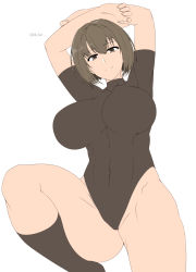 Rule 34 | 1girl, arms behind head, bad id, bad twitter id, black leotard, black socks, brown eyes, brown hair, commentary request, flat color, highres, hyuuga (kancolle), kantai collection, kneehighs, leotard, lying, saizu nitou gunsou, short hair, short sleeves, simple background, socks, solo, turtleneck, unfinished, white background