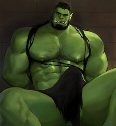 Rule 34 | 1boy, abs, arms behind back, bara, beard, bulge, chest hair, colored skin, dopey (dopq), erection, erection under clothes, facial hair, feet out of frame, green skin, hairy, highres, large pectorals, leg hair, loincloth, looking at viewer, male focus, muscular, muscular male, nipples, orc, original, pectorals, pointy ears, shirt, short hair, sideburns, solo, stomach, testicle peek, thick eyebrows, thick thighs, thighs, topless male, torn clothes, torn shirt, tusks, undercut