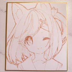 Rule 34 | 1girl, ;), animal ear fluff, animal ears, closed mouth, commentary request, hair ornament, hairclip, head tilt, highres, looking at viewer, milia leclerc, mofu-mofu after school, mofumofu channel, one eye closed, one side up, p19, photo (medium), portrait, sailor collar, smile, solo, traditional media, virtual youtuber, x hair ornament