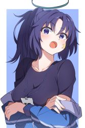 Rule 34 | 1girl, blue archive, blue jacket, blush, breasts, collarbone, crossed arms, halo, highres, jacket, lanyard, long hair, long sleeves, looking at viewer, medium breasts, open mouth, pony (animal), purple eyes, purple hair, purple shirt, shirt, solo, sticker on face, tai san ps4, upper body, yuuka (blue archive), yuuka (track) (blue archive)