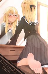 Rule 34 | 1girl, absurdres, barefoot, blonde hair, feet, glasses, highres, hololive, long hair, mirror, parted lips, pointy ears, red eyes, school uniform, serafuku, shiranui flare, soles, toes, virtual youtuber
