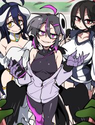 1other 3girls absurdres ahoge albedo_(overlord) ava_(orc_massage) bare_shoulders black_choker black_hair black_pants black_shirt black_wings blue_archive blue_shirt bongfill breasts cellphone choker closed_mouth commentary_request crossover demon_horns detached_collar dress feathers hair_between_eyes half-harpy hands_up hasumi_(blue_archive) highres holding holding_phone horns jacket large_breasts long_hair long_hair_between_eyes long_sleeves looking_at_viewer low_wings mask mask_on_head multicolored_hair multiple_girls off_shoulder open_clothes open_jacket orc_massage overlord_(maruyama) pants parted_lips partially_open_jacket phone ponytail purple_eyes purple_hair purple_jacket red_eyes shirt sleeveless sleeveless_shirt slit_pupils small_breasts smartphone smile streaked_hair teeth two-tone_hair two-tone_shirt white_dress white_jacket white_shirt wings yellow_eyes