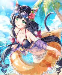 Rule 34 | 1girl, adjusting eyewear, animal ear fluff, animal ears, bare shoulders, beach, bikini, black hair, blue sky, blush, breasts, cat ears, cat tail, cloud, day, eyewear on head, green eyes, holding, holding swim ring, innertube, jacket, karyl (princess connect!), karyl (summer) (princess connect!), long hair, looking at viewer, low twintails, multicolored hair, narae, navel, ocean, off shoulder, open fly, open mouth, outdoors, palm tree, princess connect!, purple bikini, purple jacket, sand, short shorts, shorts, signature, simple background, sky, solo, sparkle, streaked hair, sunglasses, swim ring, swimsuit, tail, tree, twintails, very long hair, water drop, white hair, white shorts