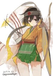 Rule 34 | 1girl, bow (weapon), breasts, brown eyes, brown hair, cowboy shot, dated, green skirt, hachimaki, hakama, hakama short skirt, hakama skirt, headband, highres, hiryuu (kancolle), hiryuu kai ni (kancolle), holding, holding bow (weapon), holding weapon, japanese clothes, kantai collection, large breasts, looking to the side, machinery, nagasawa tougo, one side up, quiver, short hair, simple background, skirt, solo, twitter username, weapon, white background