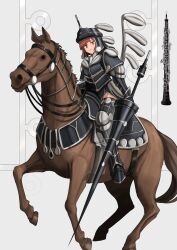 Rule 34 | 1girl, armor, armored boots, armored dress, black dress, black footwear, black headwear, boots, brown hair, closed mouth, commentary, dress, english commentary, grey background, haonfest, helmet, highres, holding, holding weapon, horseback riding, hussar, instrument, lance, looking at viewer, oboe, original, polearm, purple eyes, riding, short eyebrows, simple background, sitting, solo, thick eyebrows, thigh boots, weapon